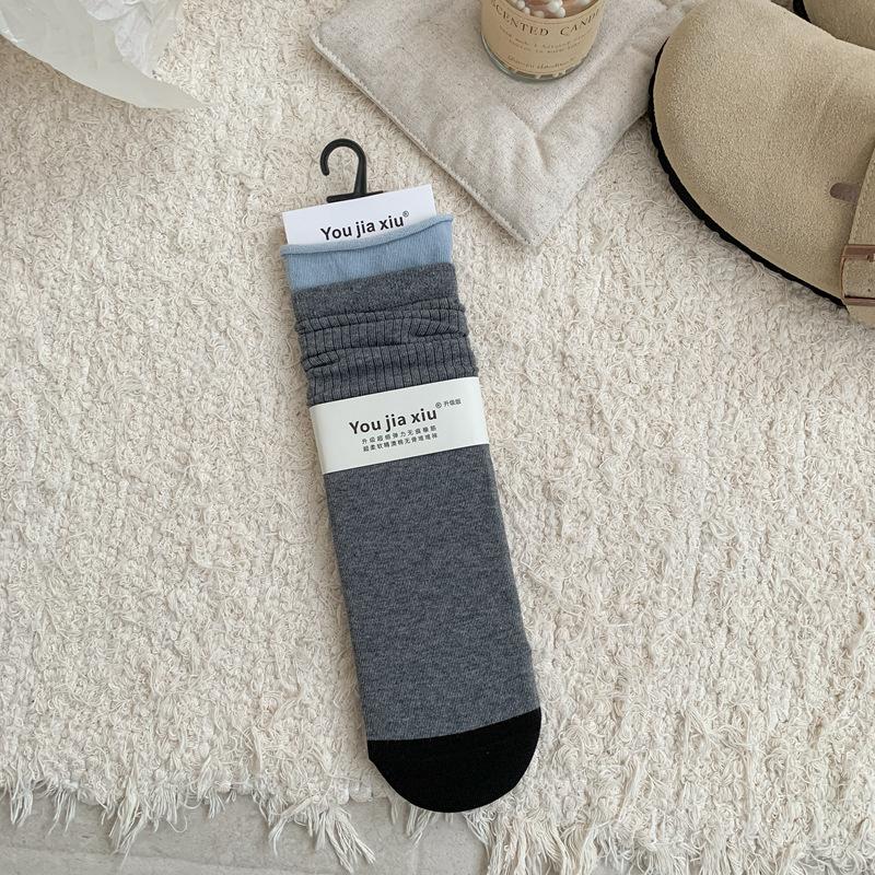 5 Paar Socken Damen Doppelte Schrittnaht Crimpende Kontrastfarbe Mittellange Socken Doppelnaht-Spleißstreifen Stapelsocken Knochenlose Damensocken