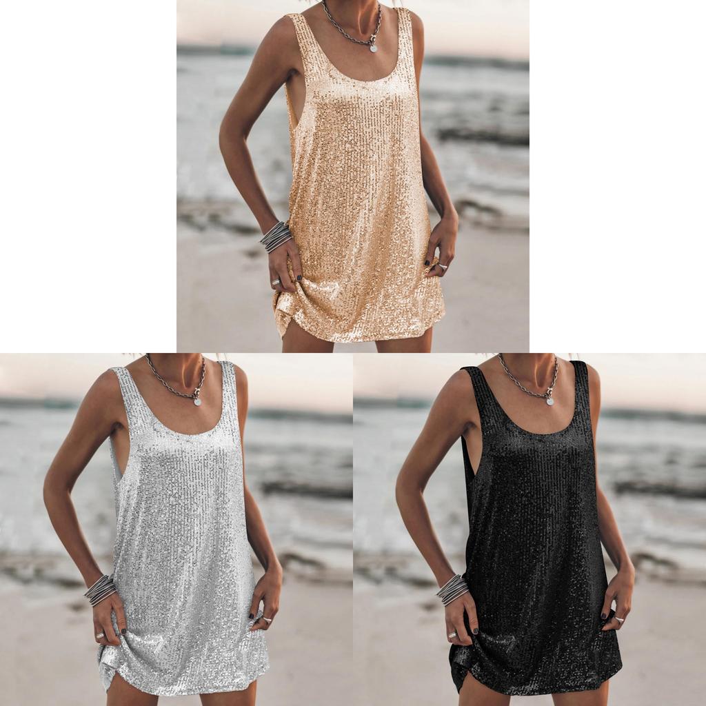 Losse Jurk Met Pailletten, U-hals, Mouwloos, Hoge Taille, Voor Casual En Feestelijke Gelegenheden