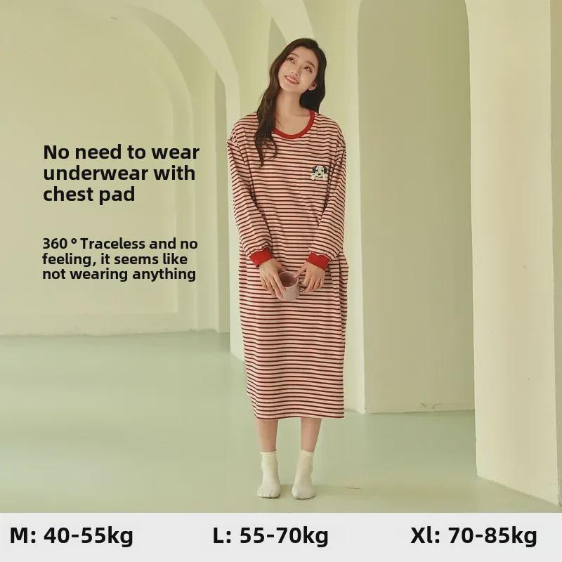 "High-End Striped Long-Sleeve Nightdress with Chest Pad for Women - Over-the-Knee, Large Size, Cotton, Spring to Summer"