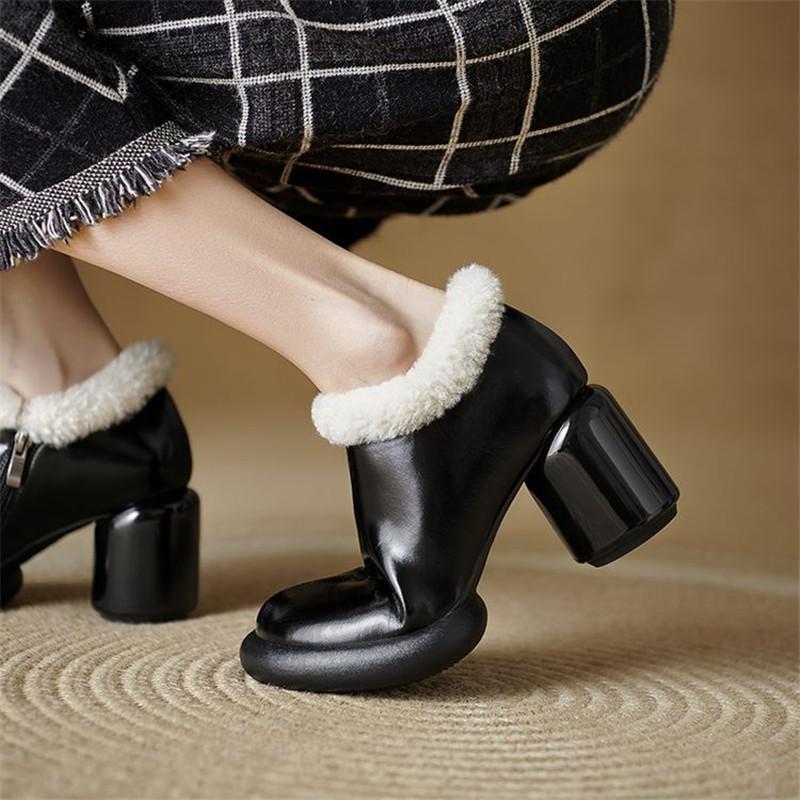 Fashion New Autumn Winter Split Leather Women Pumps Shoes for Women Fashion Round Toe Warm Fur Shoes Zaptos Mujer The Red High Heels