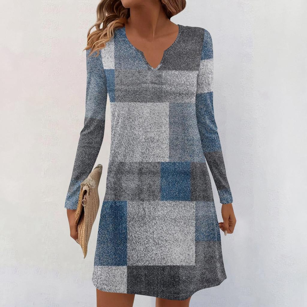 Women's Long-sleeved Casual Midi Dresses V-Neck Print  Casual Dress