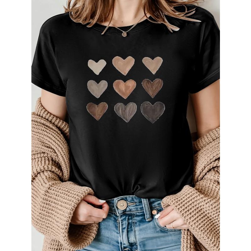 

European Size Heart Shape Colorstylish Printed T-Shirts for Women. Casual And Sporty Round-Neck Short-Sleeved Tops. 4XL чорний