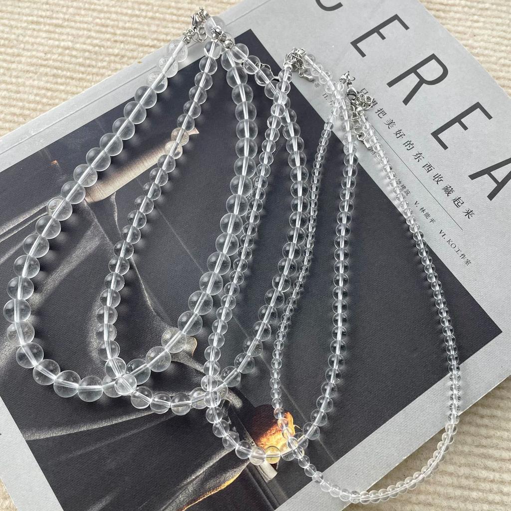 Fashion ice-feeling white crystal glass high transparent round bead necklace versatile simple round bead collarbone chain light luxury women