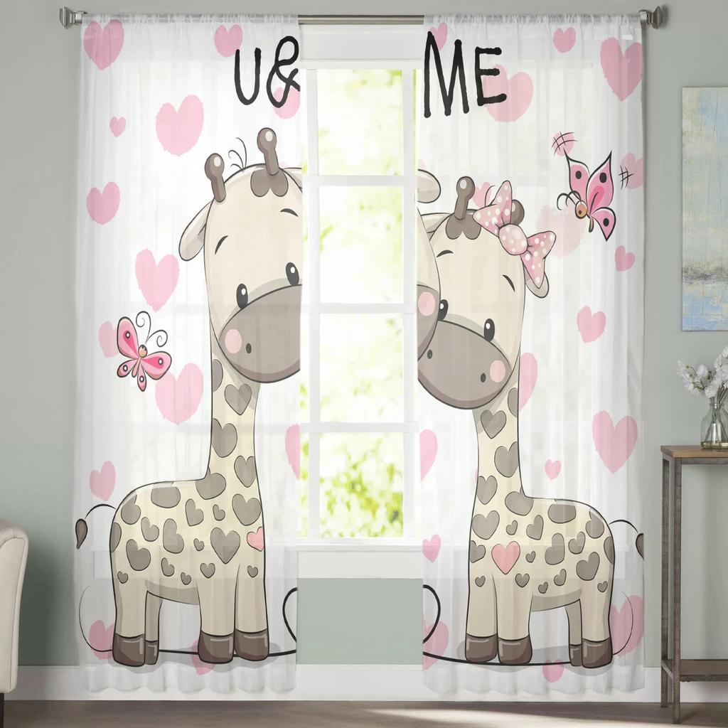 Cartoon Giraffes Love Butterfly Tulle Curtains for Living Room Drapes Window Sheer Modern Curtains for Bedroom Decor