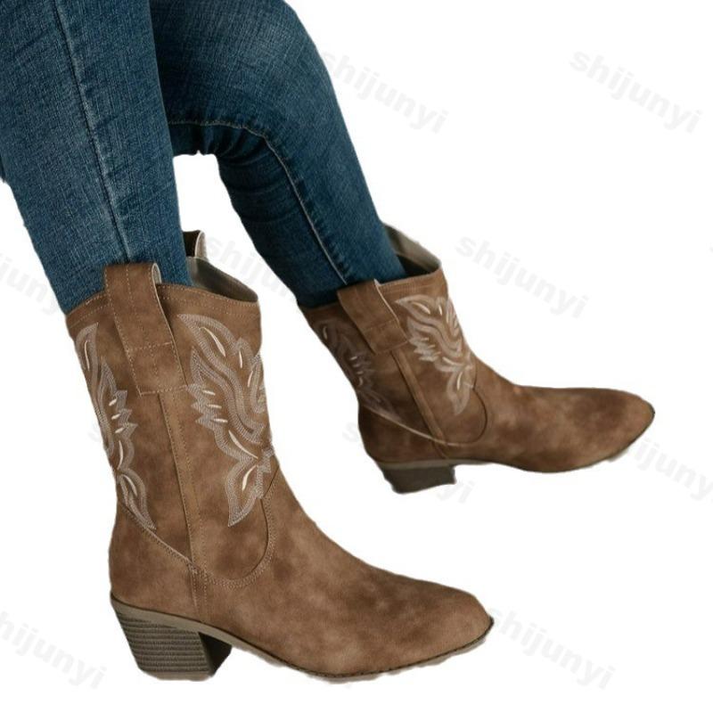 Fashion Embroidered Women's Boots 2025 Autumn New Round Toe V-neck Low Heel Midsole Fashion Boots Anti Slip Comfort Trendy Cowboy Boot