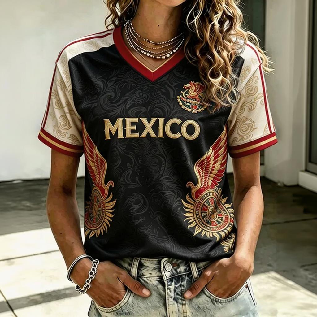 Women's V Neck Short Sleeve Lightweight Top with Soccer Emblem and Geometric Print for Spring Summer Casual Wear
