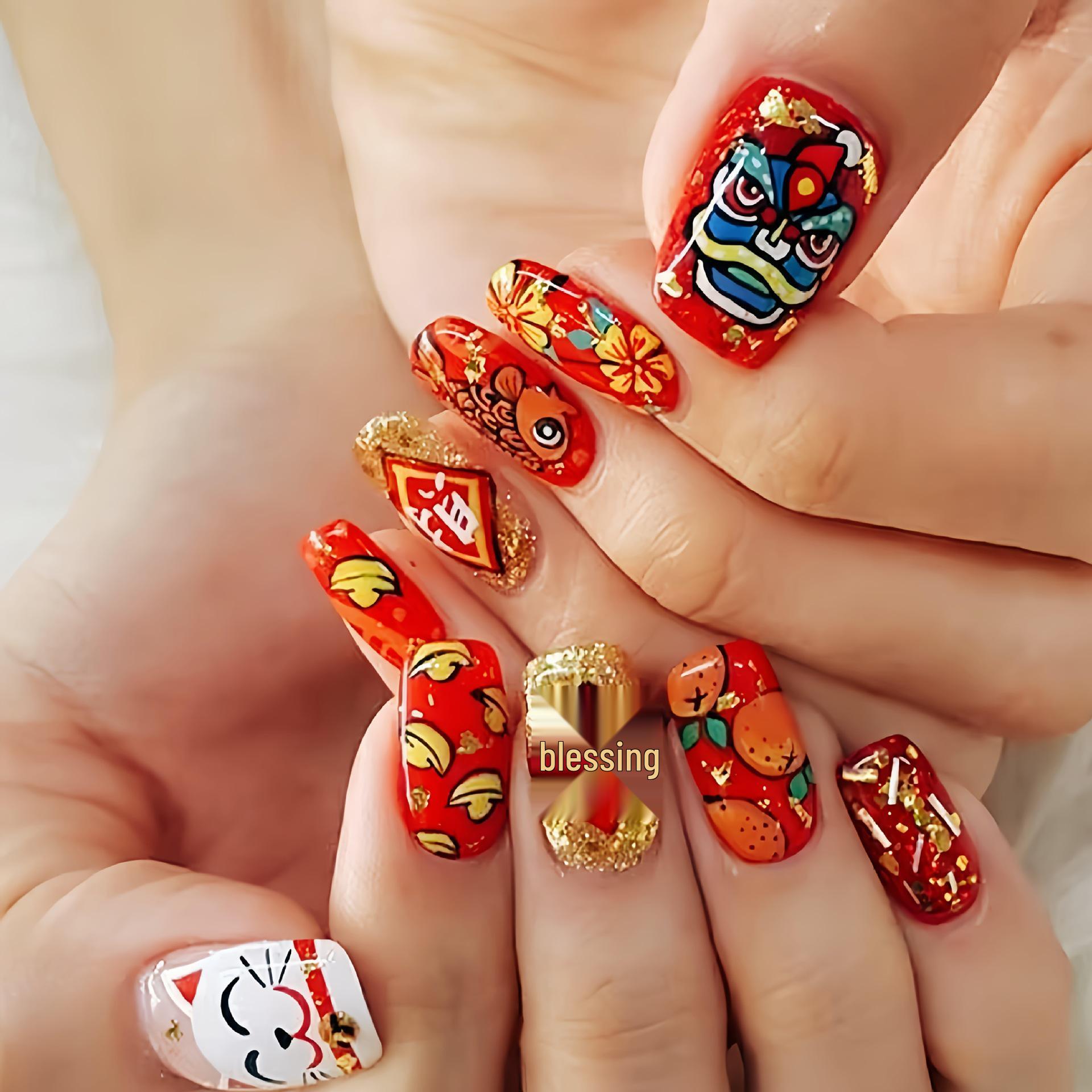 

China National Tide New Year s Rising Lion Fortune-Attracting False Nails – Festive Fortune-Enhancing Nail Art