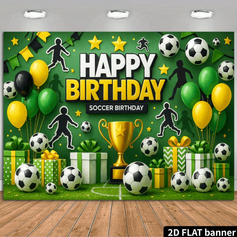 [2D] Flat - [2D] Flat Soccer-Themed Birthday Backdrop Soccer Goal  Gold Trophy  Soccer Decorations