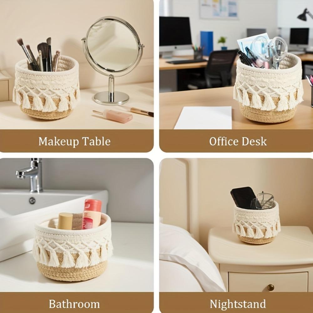 1pc Round Woven Cosmetic Storage Basket,Makeup Brush Holder, Cute Vanity Organizer Box for Home Decor,Ideal for Storing Pencils