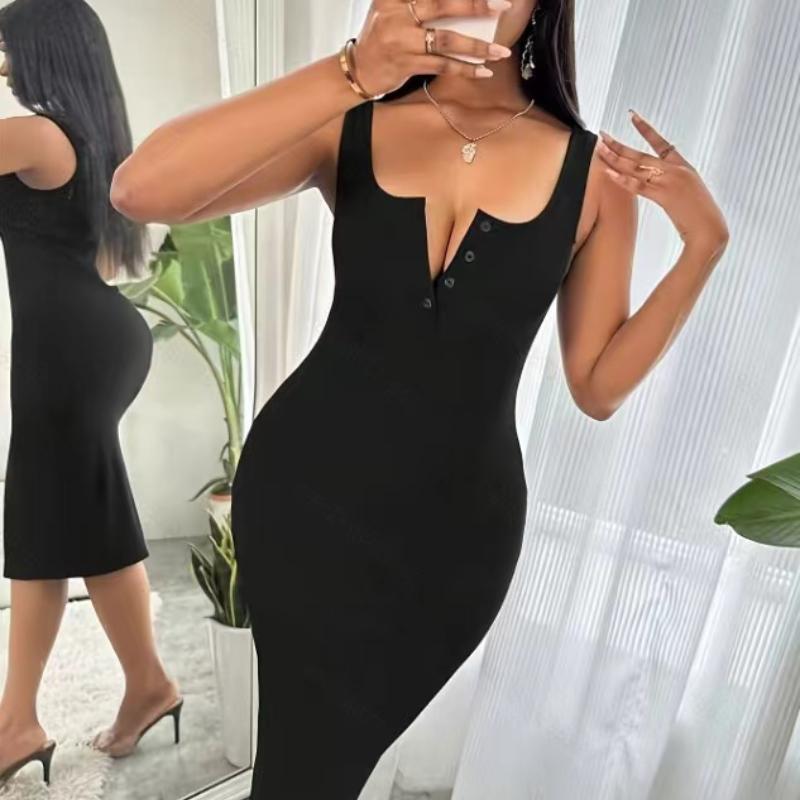 

Платье-майка с вырезом-лодочкой на пуговицах спереди, без рукавов, платье-майка-карандаш для весны, лета, женская одежда XL чёрный