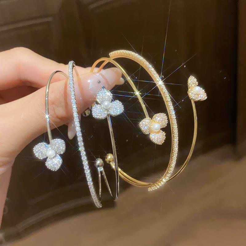 Exquisite Zircon Flower Multi-layer Open Bangle - Elegant Japanese and Korean Inspired Women's Jewelry