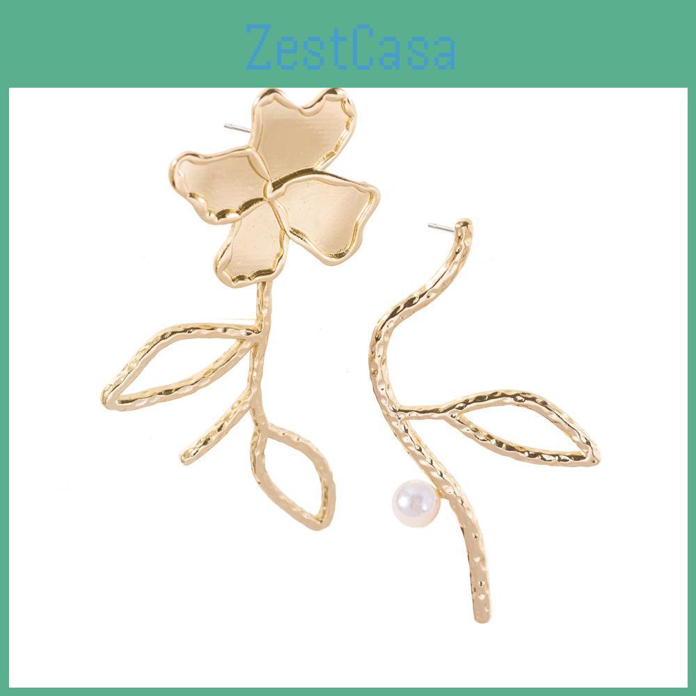 Unique Statement Alloy Flower Pearl Earrings Asymmetric Design For Women