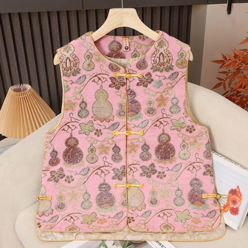 Women s Retro Chinese Gourd Jacquard Vest, Spring/Autumn Round-Neck with Frog Buttons 3XL (120-135 jin)