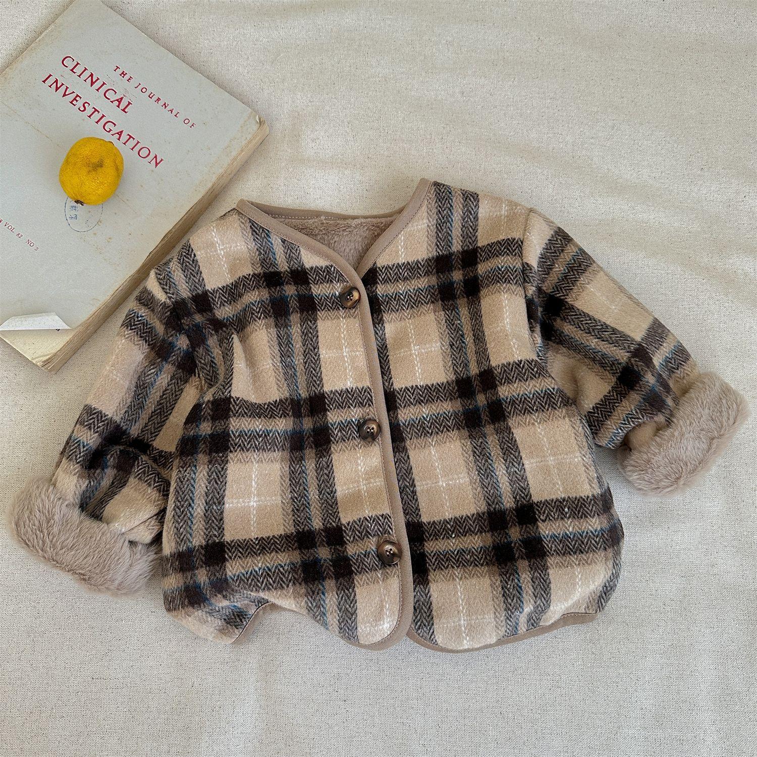 Kids Plaid Fleece Lined Wool Blend Coat Warm Casual Winter Outerwear 90