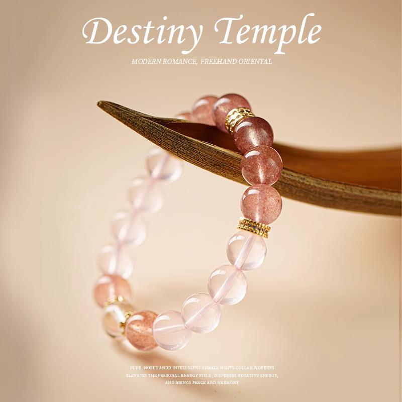 Peach Blossom Natural Pink Crystal Strawberry Crystal Bracelet for Women, New Chinese Style White Crystal Fortune Bead Peach Blossom Attracting