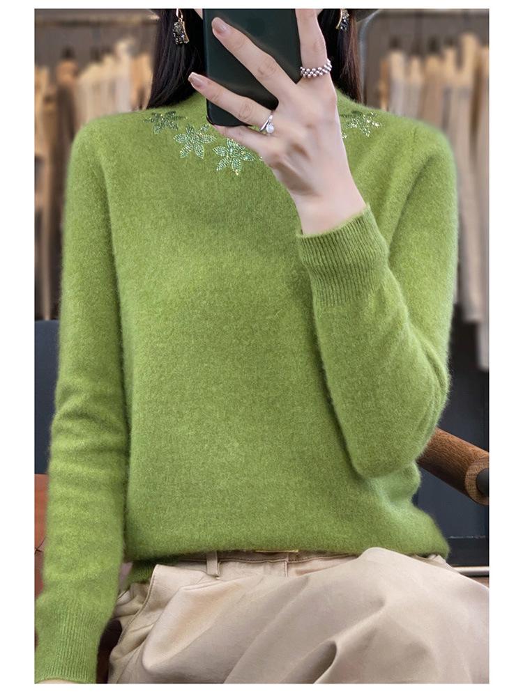 Autumn/Winter Rhinestone Embellished Knit Pullover - Women's Semi-High Neck Long Sleeve Top