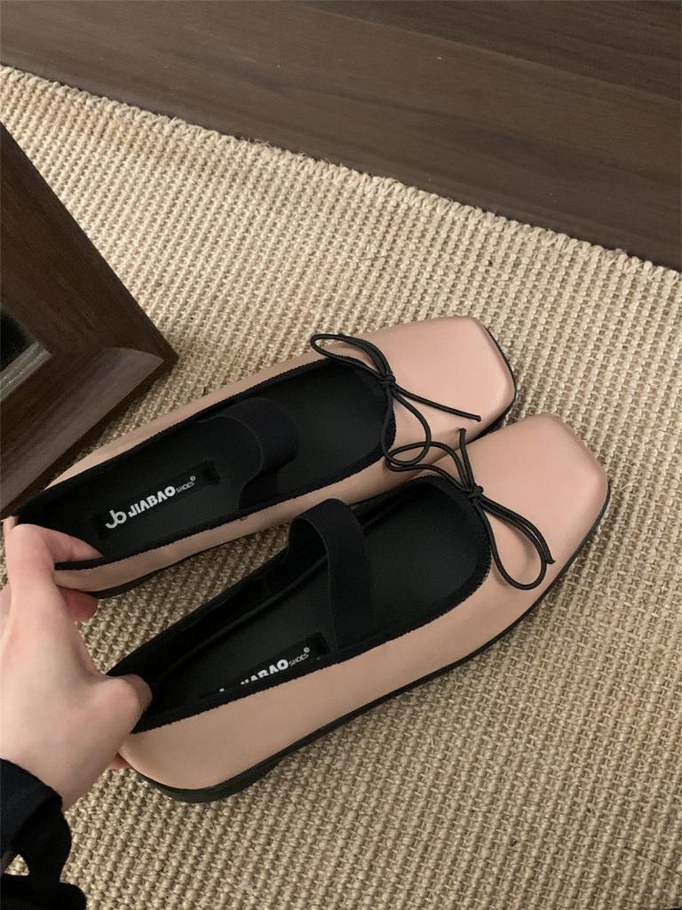 French bow light mouth flat heel single shoes women's shoes 2025 spring and autumn square head retro soft sole Doudou grandma ladyshoes