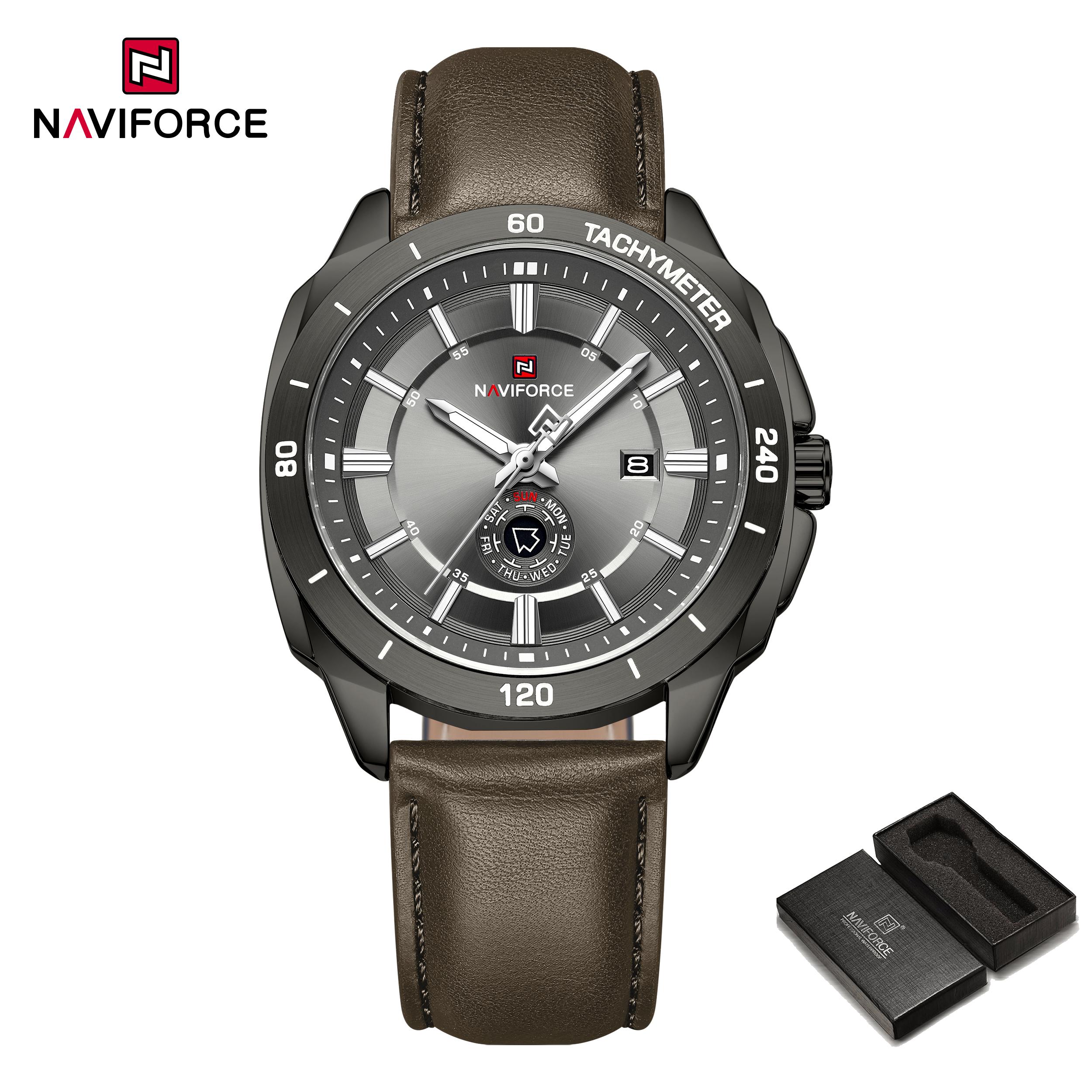 

Naviforce Оригінальний чоловічий бізнес-годинник Шкіряний ремінець Водонепроникність 30м Кварцовий механізм Календар Світлові стрілки Круглий корпус Чоловічий годинник NF9269 сірий/коричневий
