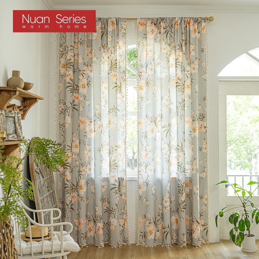 1 BUC Seria Nuan Stil Câmpie Franceză Perdele cu Imprimeu Floral și Margine cu Ciucuri Semi-Transparente pentru Dormitor Sufragerie Fereastră Decor Acasă
