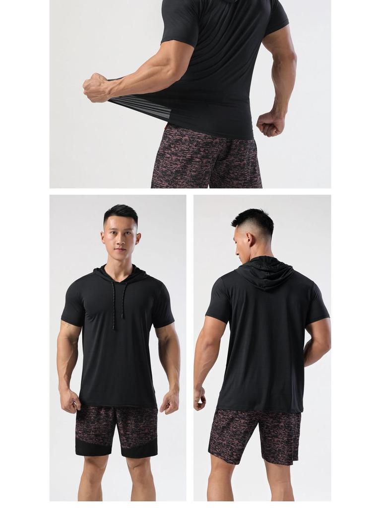 Men's Summer Quick-Dry Hooded T-Shirt - Ice Silk, Short-Sleeve, Elastic, Perfect for Fitness, Running, and Training.