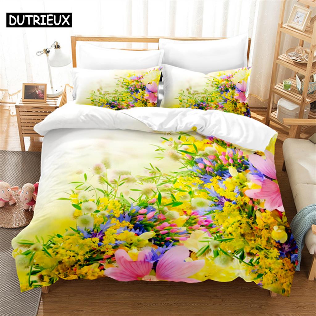 Beautiful Flowers Queen Bedding Set Duvet Cover Kids Bedroom Bed Set Comforter Cover Set King Size Duvet Cover Set Bedding Sets