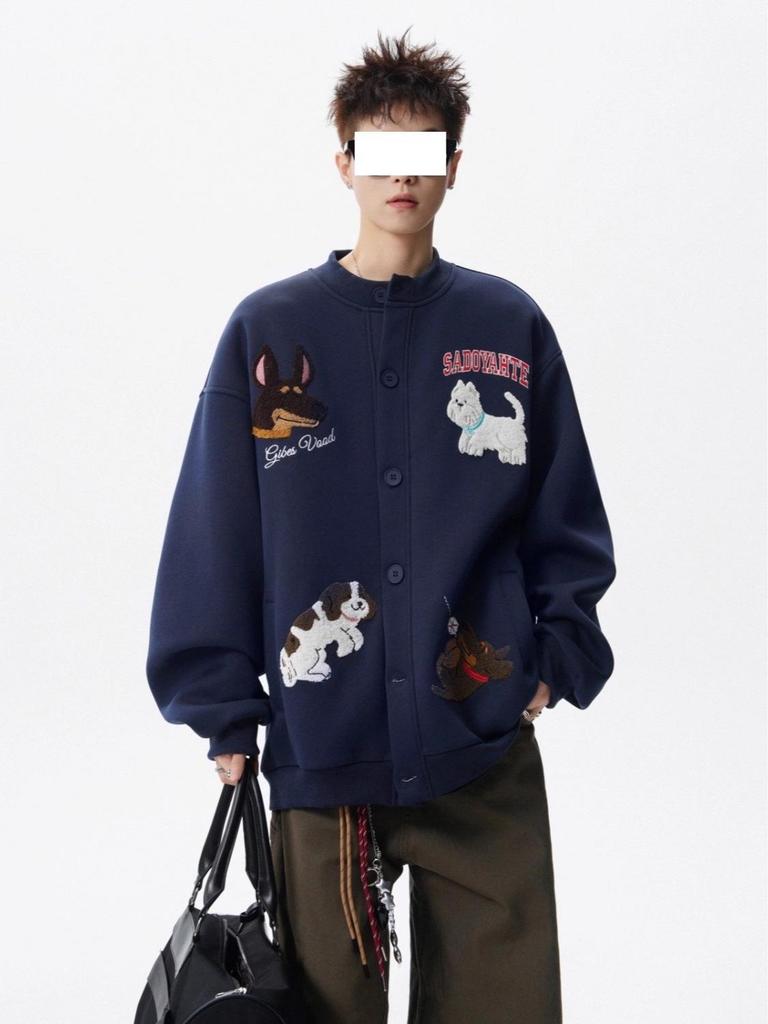 Men's Cartoon Puppy Embroidered Round Neck Cardigan Hoodie - Spring/Autumn Loose Fit with Niche Design