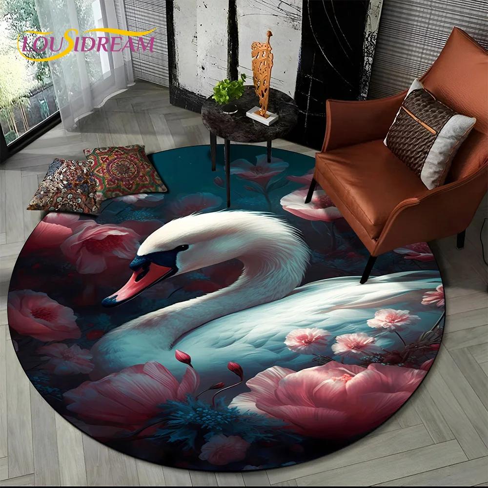3D Dream Love Swan Cartoon Cygnus Girl Gift Round Carpet Rug for Living Room Bedroom Child Decor,Pet Area Rug Non-slip Floor Mat