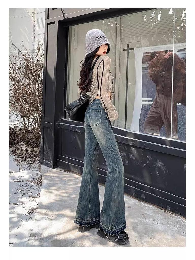 Women's High-Waist Retro Flare Jeans - Plus Size, Washed with Raw Edge, Ideal for Autumn/Spring Fashion.