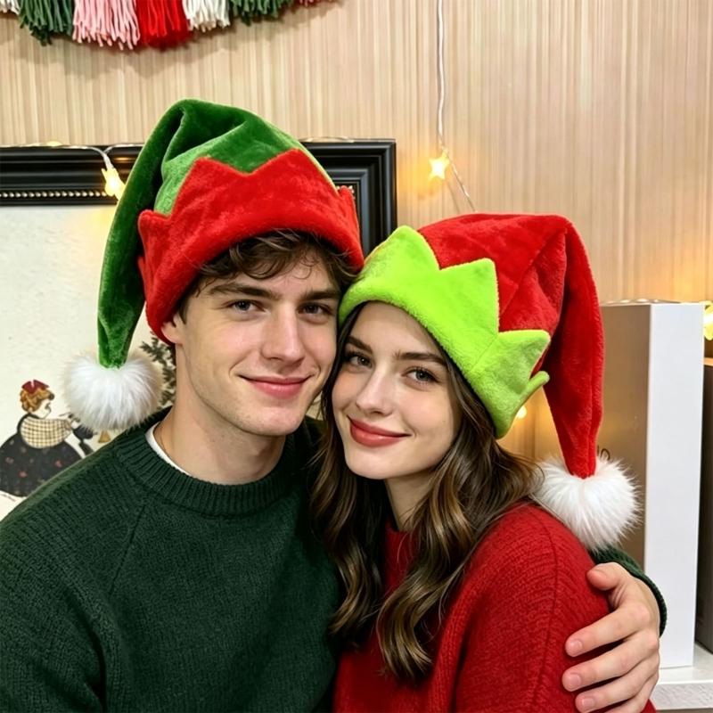 Christmas Holiday Cosplay Elf Hat Plush Party Cap with Pointed Top Jagged Brim Furry Tip Accent for Gatherings and Travel