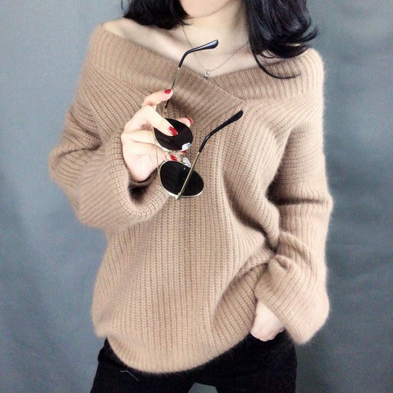 V-neck Sweater Women's Pullover Lantern Sleeves Loose Fashion Knitted Bottoming Shirt Autumn and Winter