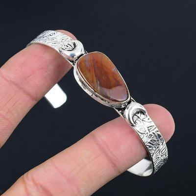 Gift For Her Natural Landscape Jasper Bangle Crescent Moon Adjustable 925 Silver