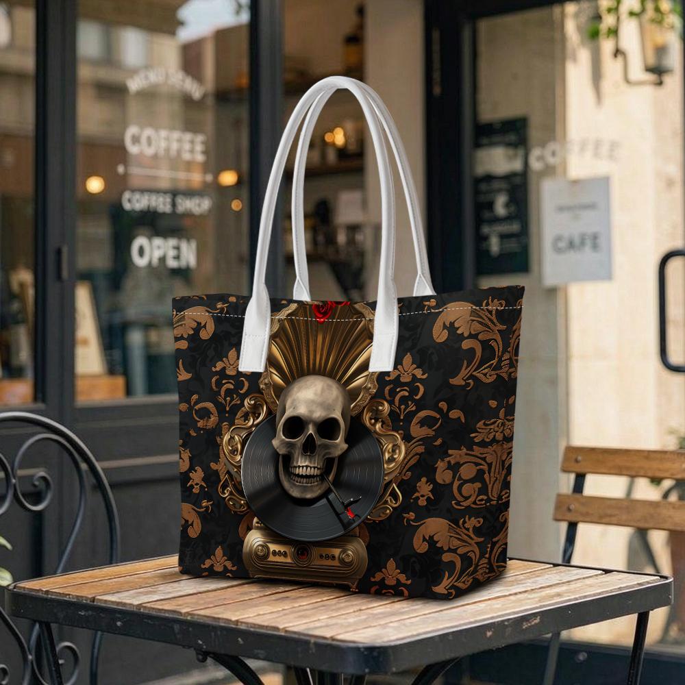 Gothic Skull Print Tote Bag Vintage Style Shoulder Bag for Daily Use