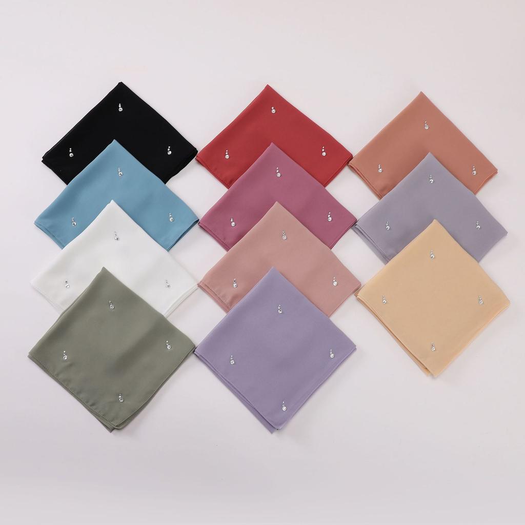 New Arrival Pearl Chiffon Drop-Shaped Rhinestone Square Scarf, High-Quality Hijab for Malaysian Malay Women