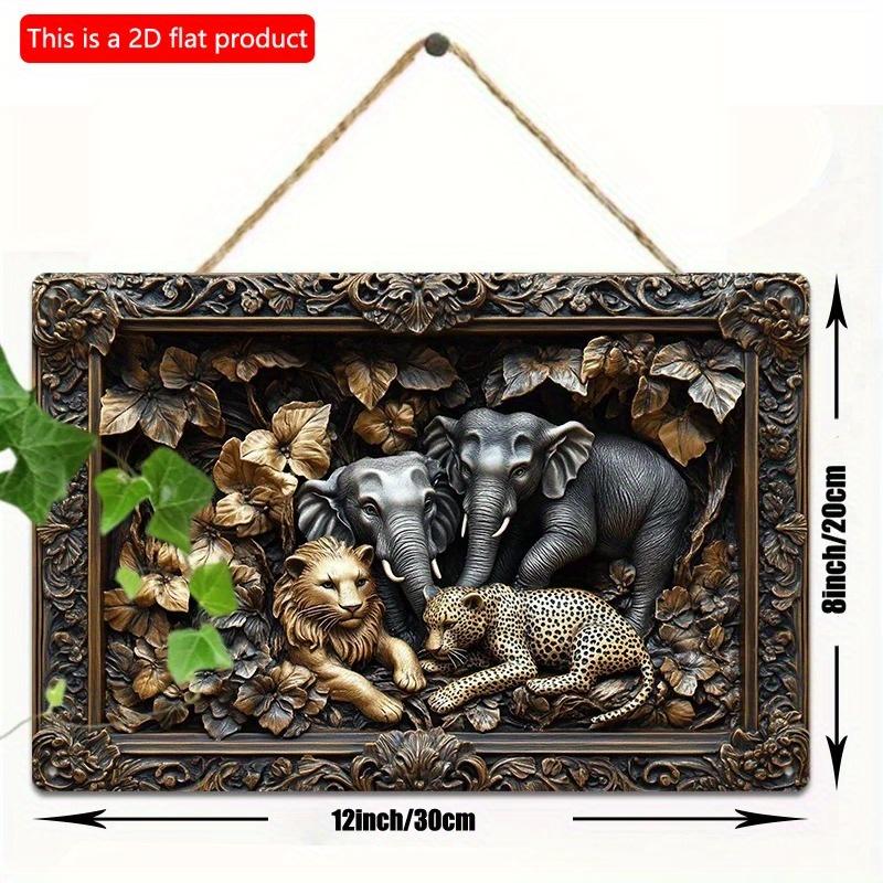 2D Flat Wooden Sign 30*20cm Vintage Elephant & Leopard Jungle Scene Wooden Wall Art Wooden Decorative Sign for Outdoor, Bathroom Decor Easy-to-Install