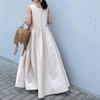 Elegant V-Neck Sleeveless Midi Dress With Pleated Skirt High Waist Cotton Linen Blend Women Office Chic