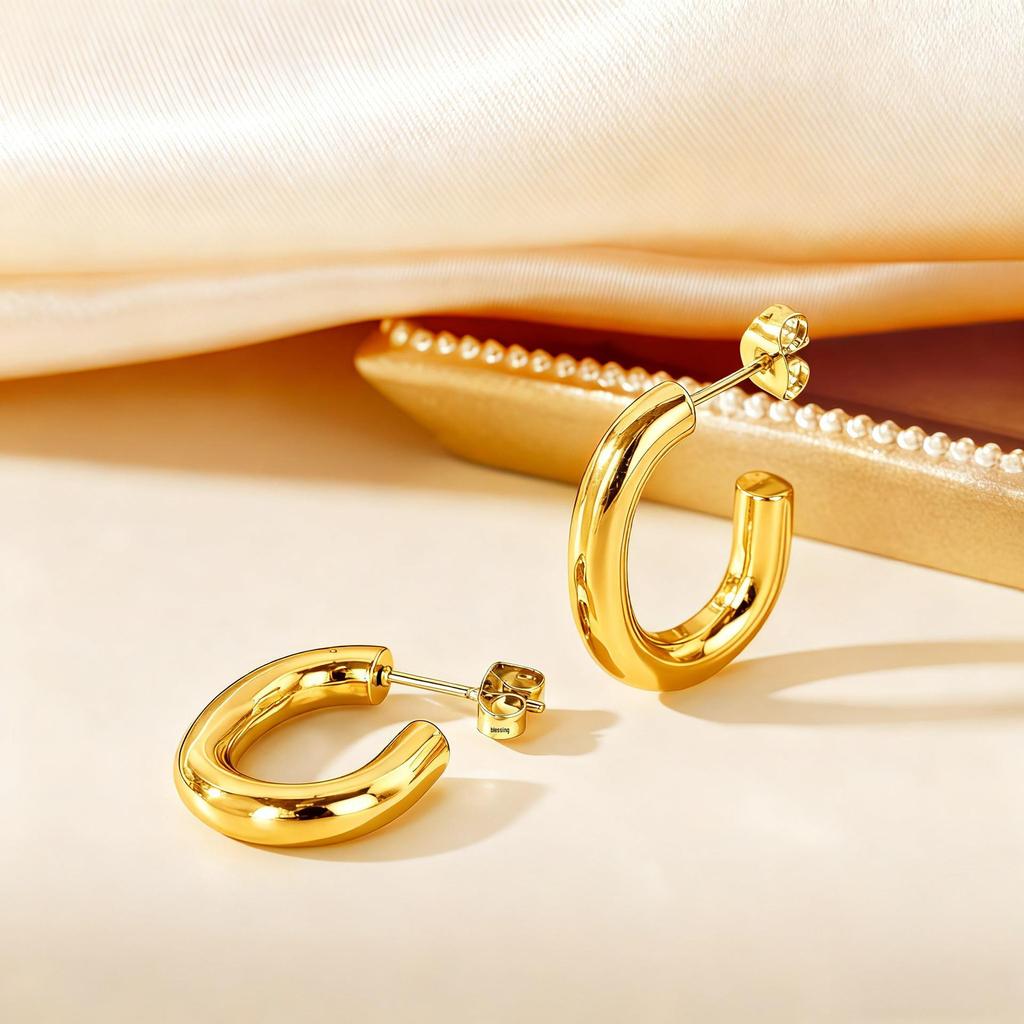 European American Classic Smooth C-Shaped Hoop Titanium Steel Retro Earrings for Women