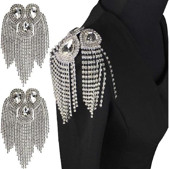 Tassel Chain Shoulder Board Badges Beads Rhinestones Patch Epaulet Epaulette Applique for Military Suit 2 Pieces