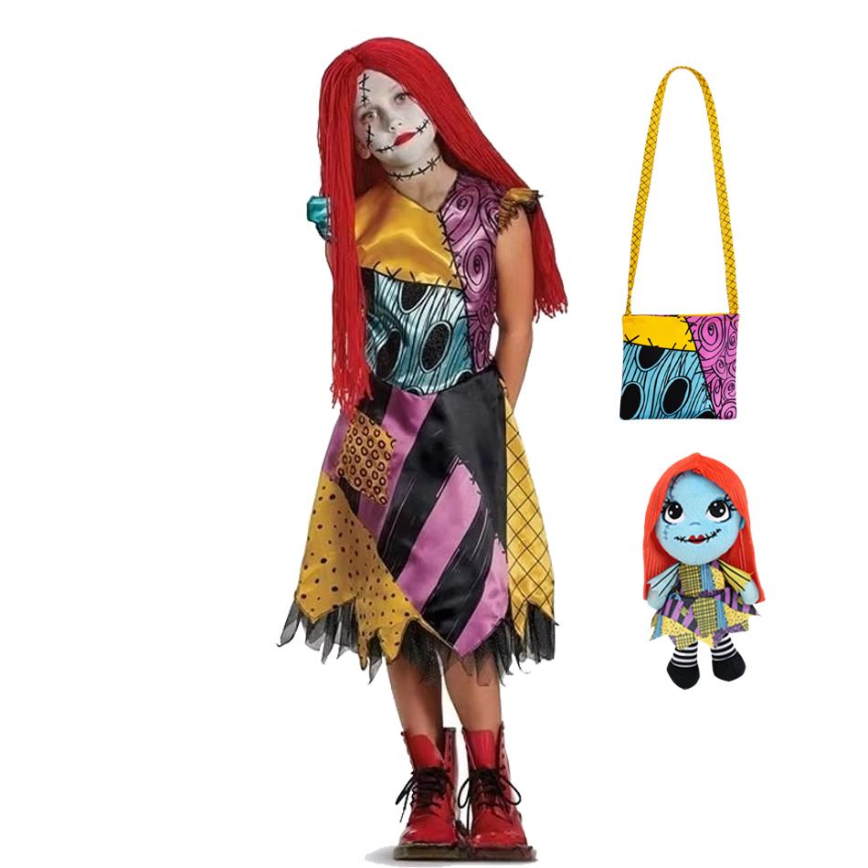 2026 Kids Girls Cosplay Christmas Eve Scary Sally Skeleton Dress Striped Halloween Dress Up Costume Dress 100