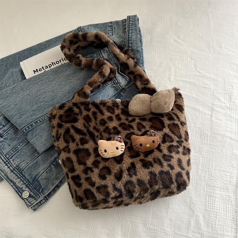 

Winter Cute Plush Cartoon Kitten Leopard Print Crossbody Bag for Kids & Women
