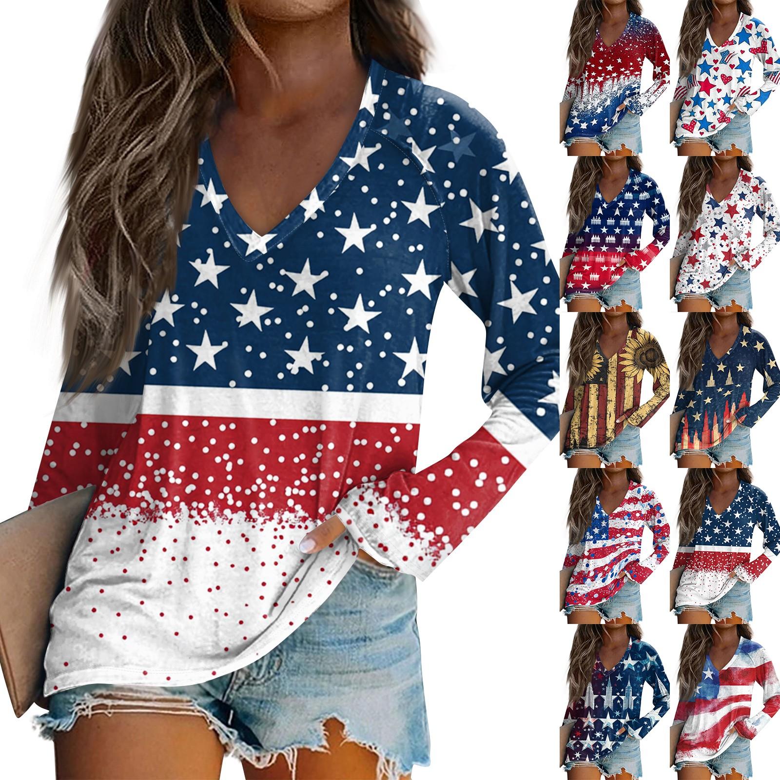 

Women s Long Sleeve Plunger Sleeve Independence Day Printed Casual Top T-Shirt L