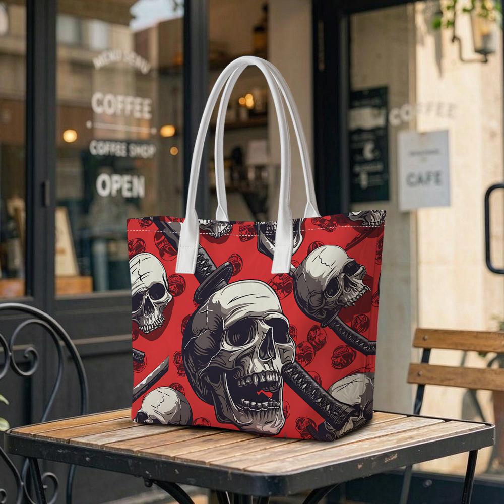 Gothic Skull Pattern Tote Bag Fashion Street Style Shoulder Bag Cool Daily Use Shopping Handbag