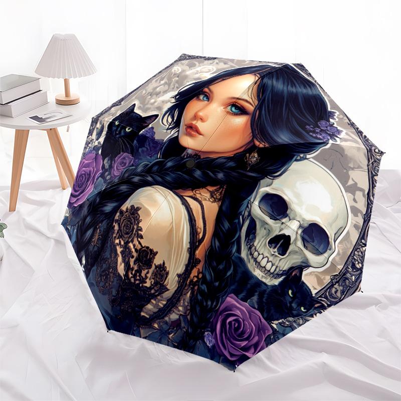 Black Cat Girl pattern, automatic folding umbrella, portable and foldable design, 8 ribs, a Christmas or birthday gift.