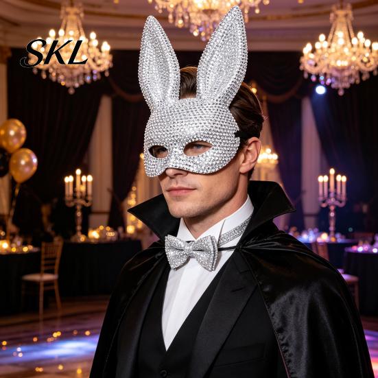 Adjustable Elastic Mask Disco Mirror Rhinestone Rabbit Mask, Sparkly Glitter Bunny Face Christmas Party for Halloween Party, Shiny Reflective
