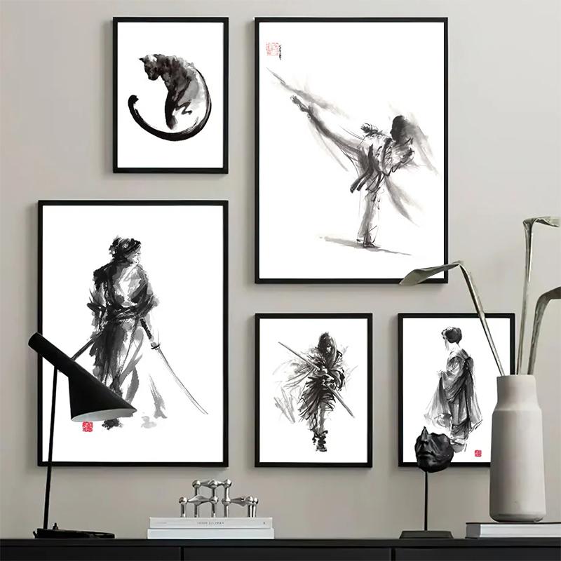 Japanese Minimalist Black Shotokan Samurai Karate Art Ink Canvas Painting Posters and Prints Wall Pictures for Living Room Decor