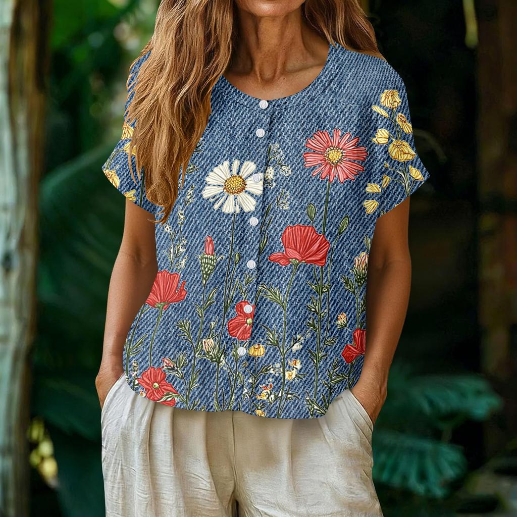 Women Casual Henley Neck Floral Print Button Front Short Sleeve Blouse Loose Fit Lightweight Top for Everyday Wear
