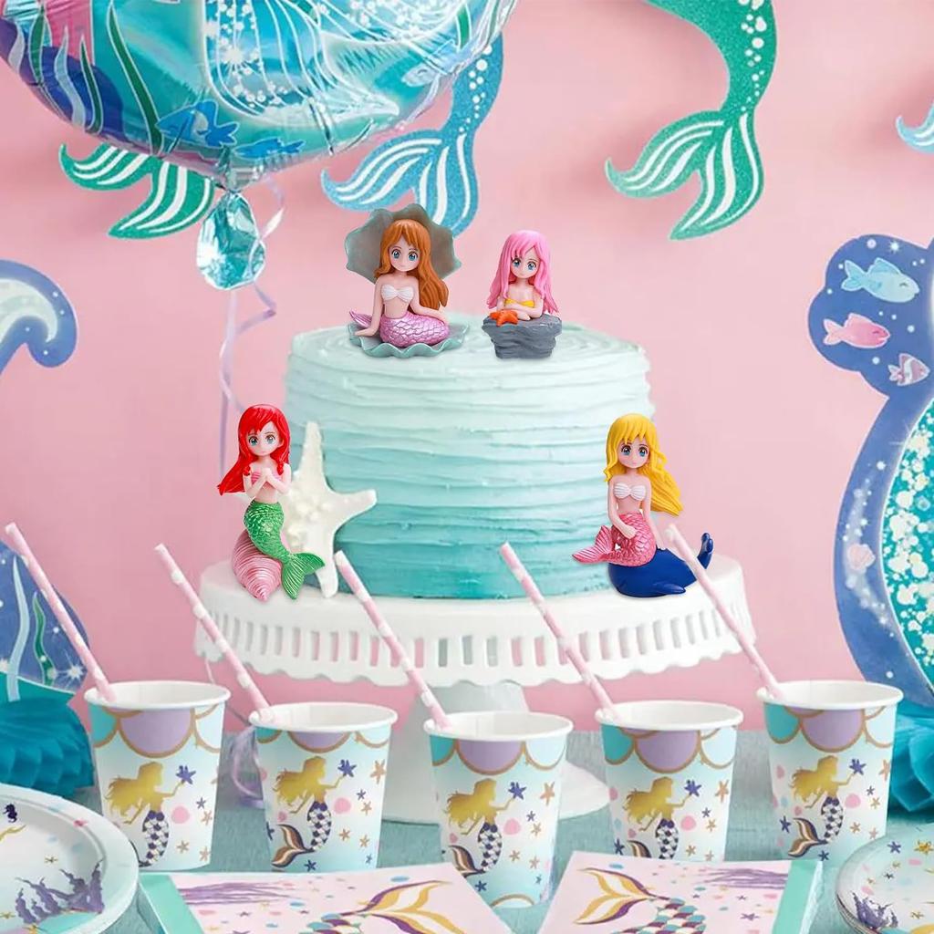 4pcs Mermaid Cake Topper Little Cute Mermaid Doll Figurines Decorations for Mermaid Princess Under the Sea Theme Birthday Party