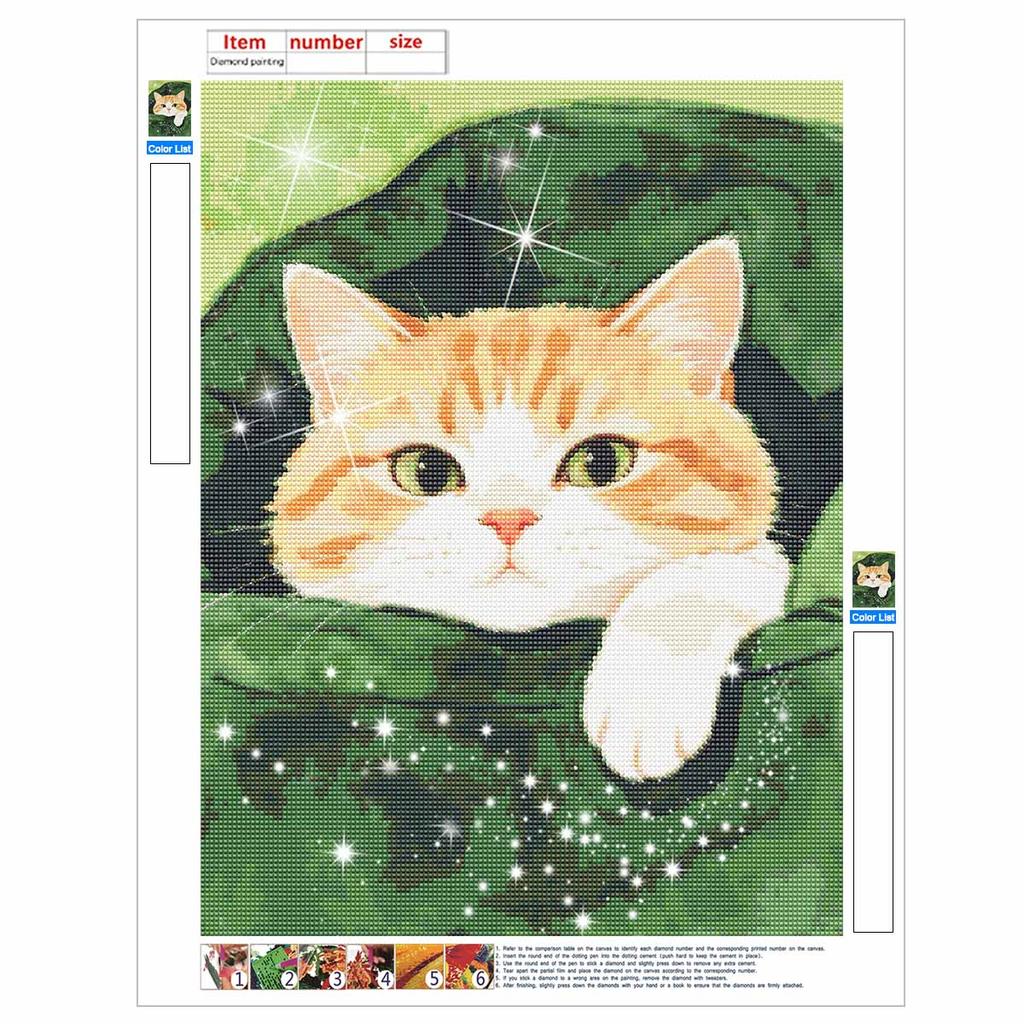 DIY Full Drill Diamond Painting Kit Cute Cat In Green Leaf Rhinestone Canvas Art for Cozy Room Decor Gift