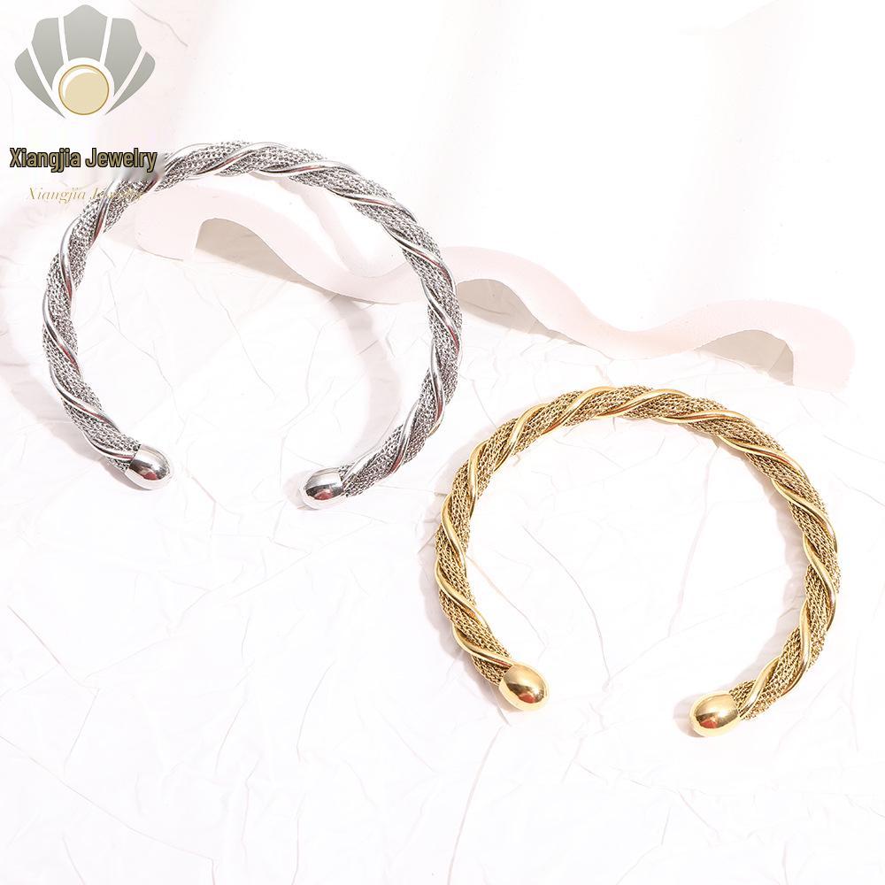 Luxurious European & American Titanium Steel Open Woven Bracelet with Gold Plating