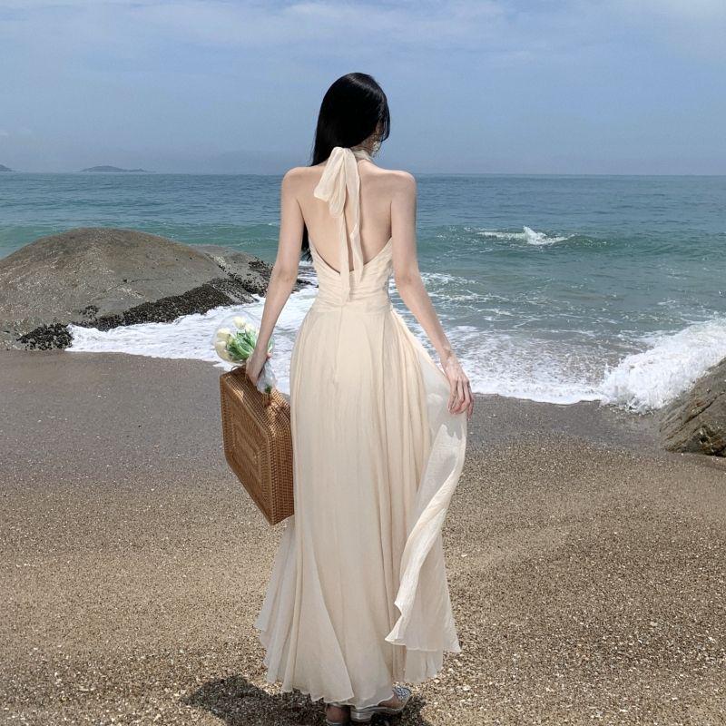 French Goddess Style Backless Halter Dress – Summer Beach Fairy Long Skirt