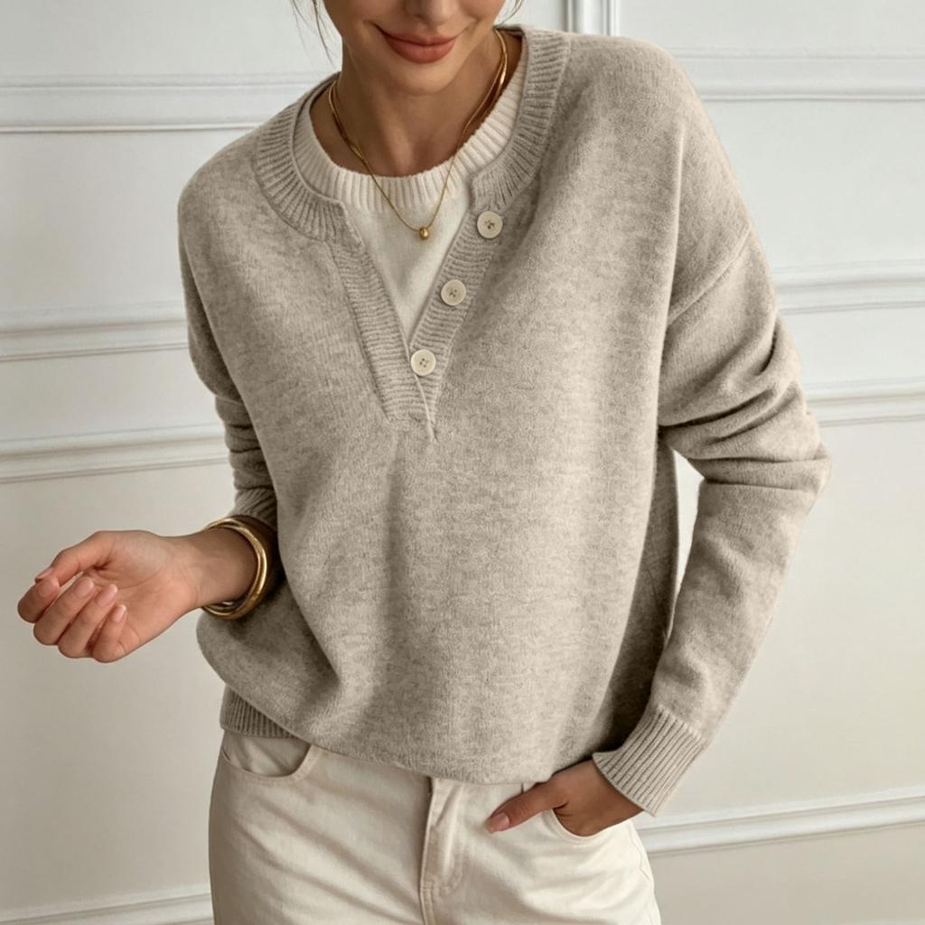 Women's V-Neck Knit Sweater with Button Placket